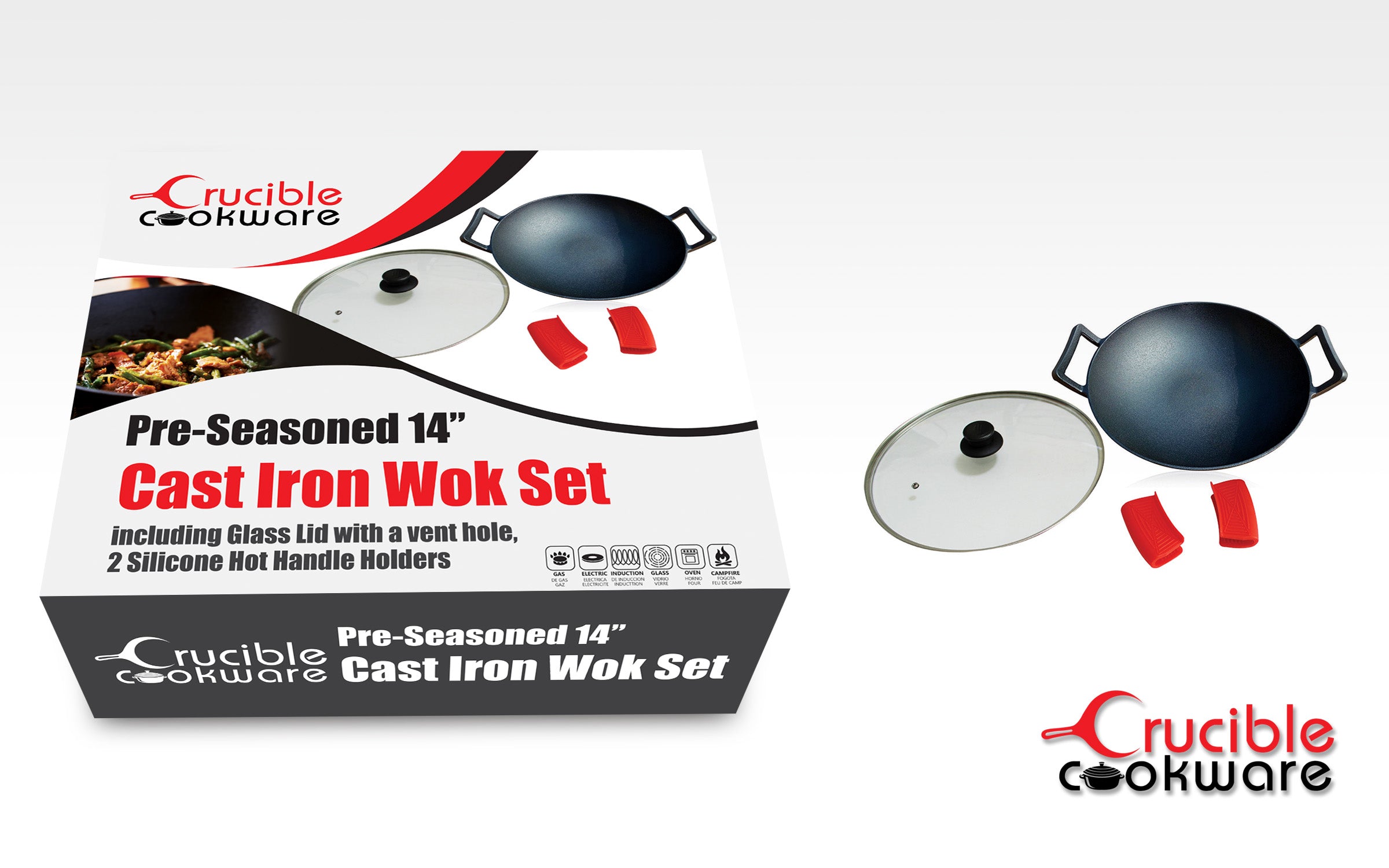 Cast Iron Wok Set 14-Inch (36 cm), Glass Lid, 2 Silicone Handle Holders, 1 Scraper