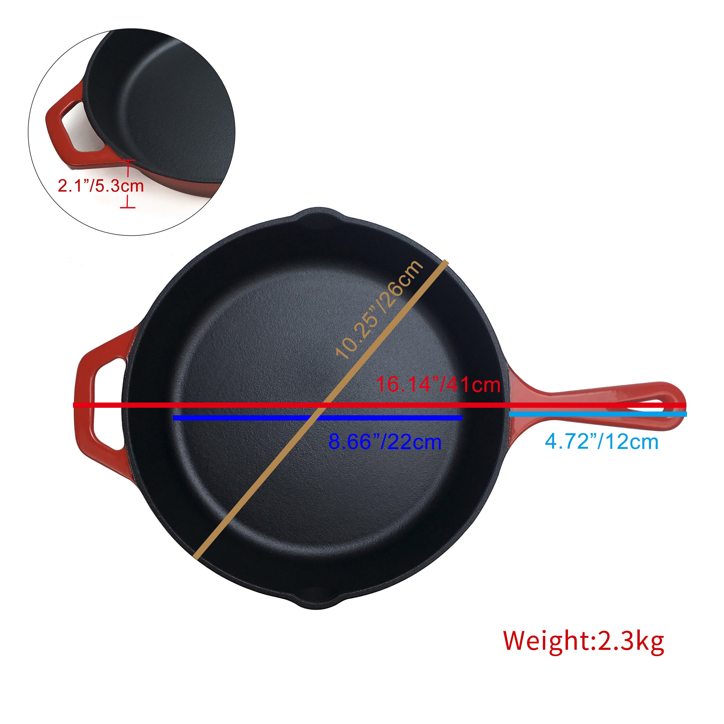 10.25"/26 cm Enameled Cast Iron Skillet, Frying Pan + 2 Silicone Handle Covers