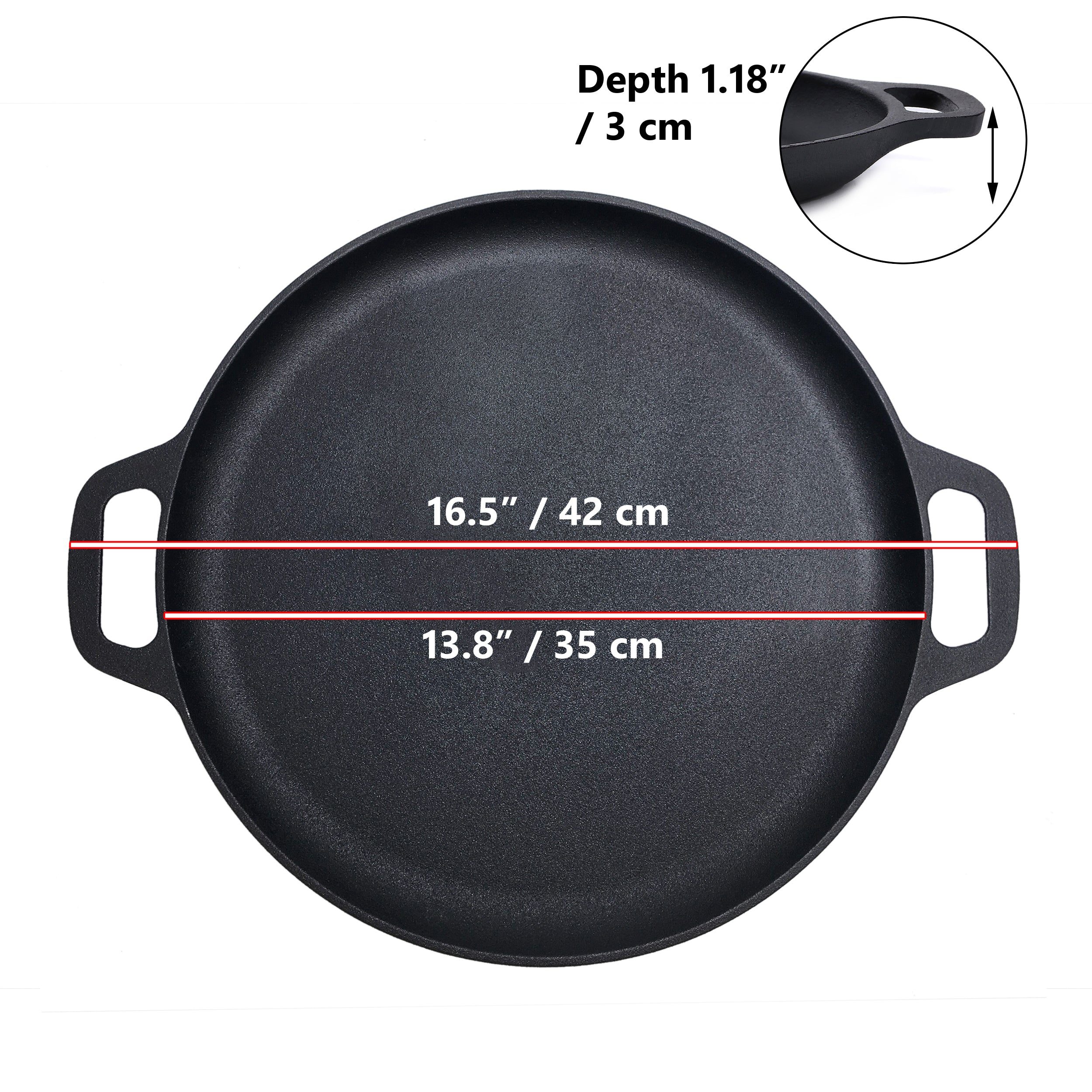 Cast Iron Pizza Pan 13.8"/35 cm, Baking Pan, Cooking Griddle, Silicone Handle Holders, and Scraper