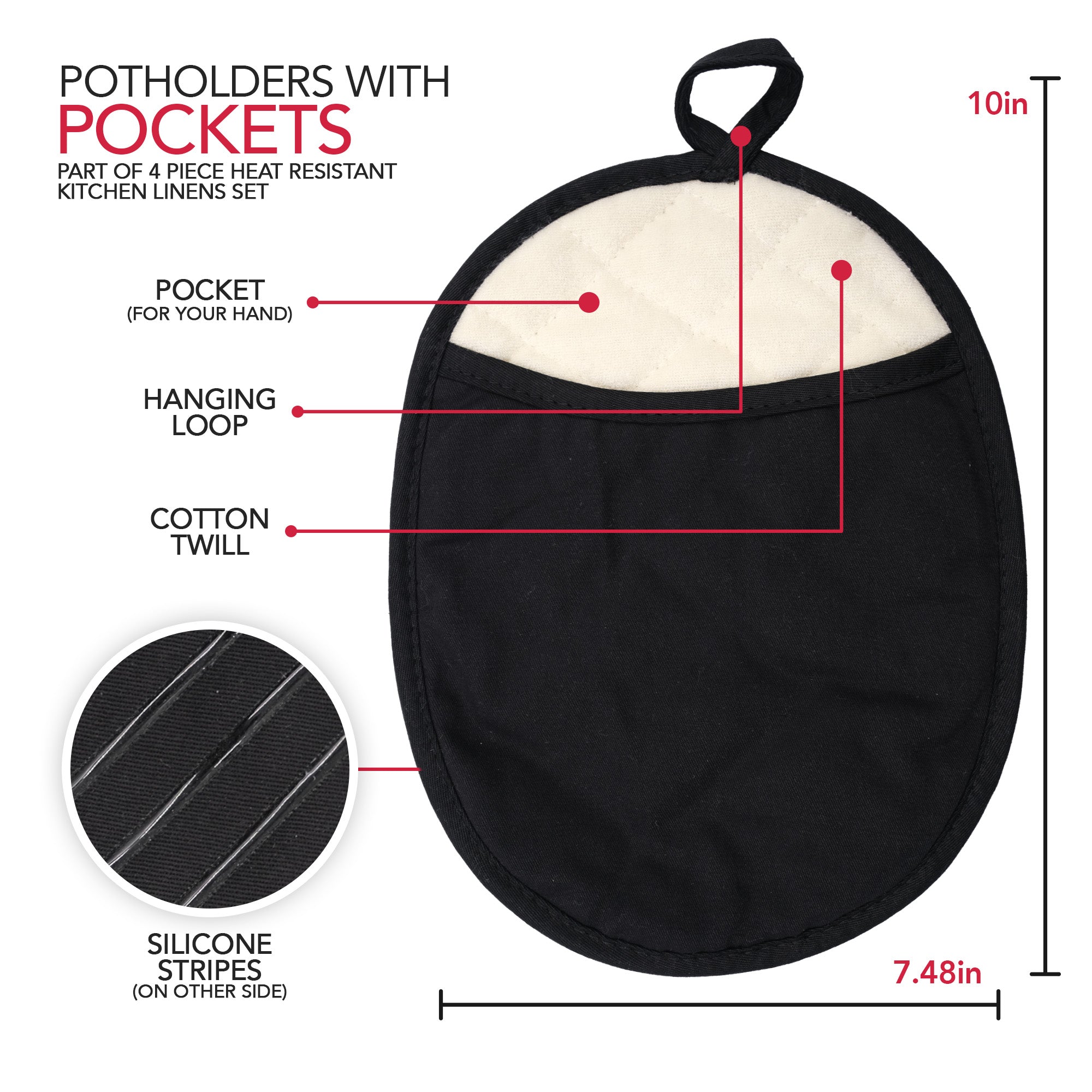 Pot Holders and Oven Mitts Gloves, 2 Potholders & 2 Hot Pads, Kitchen Linens Set - Black