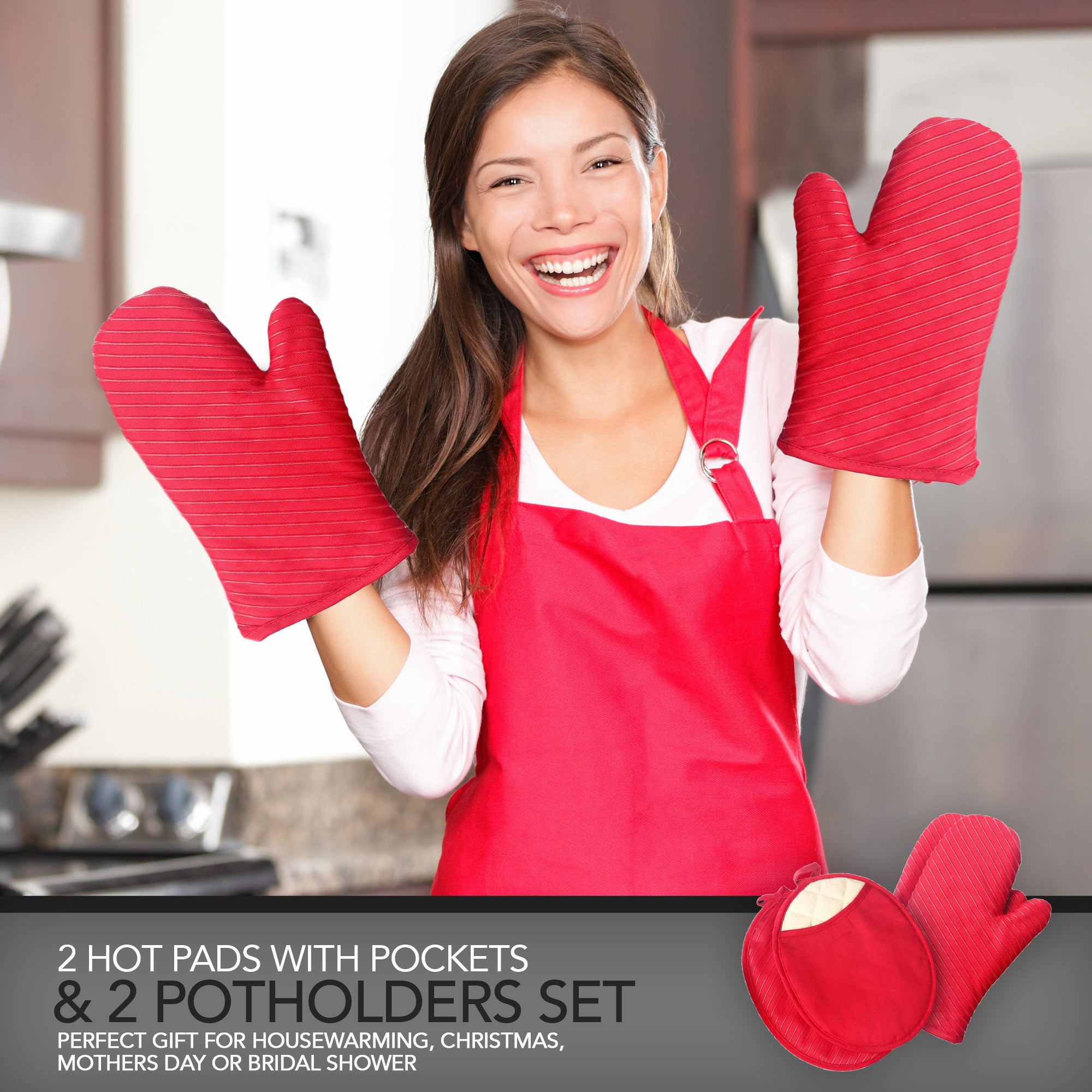 Pot Holders and Oven Mitts Gloves, 2 Potholders & 2 Hot Pads with Pockets, Kitchen Linens Set - Red