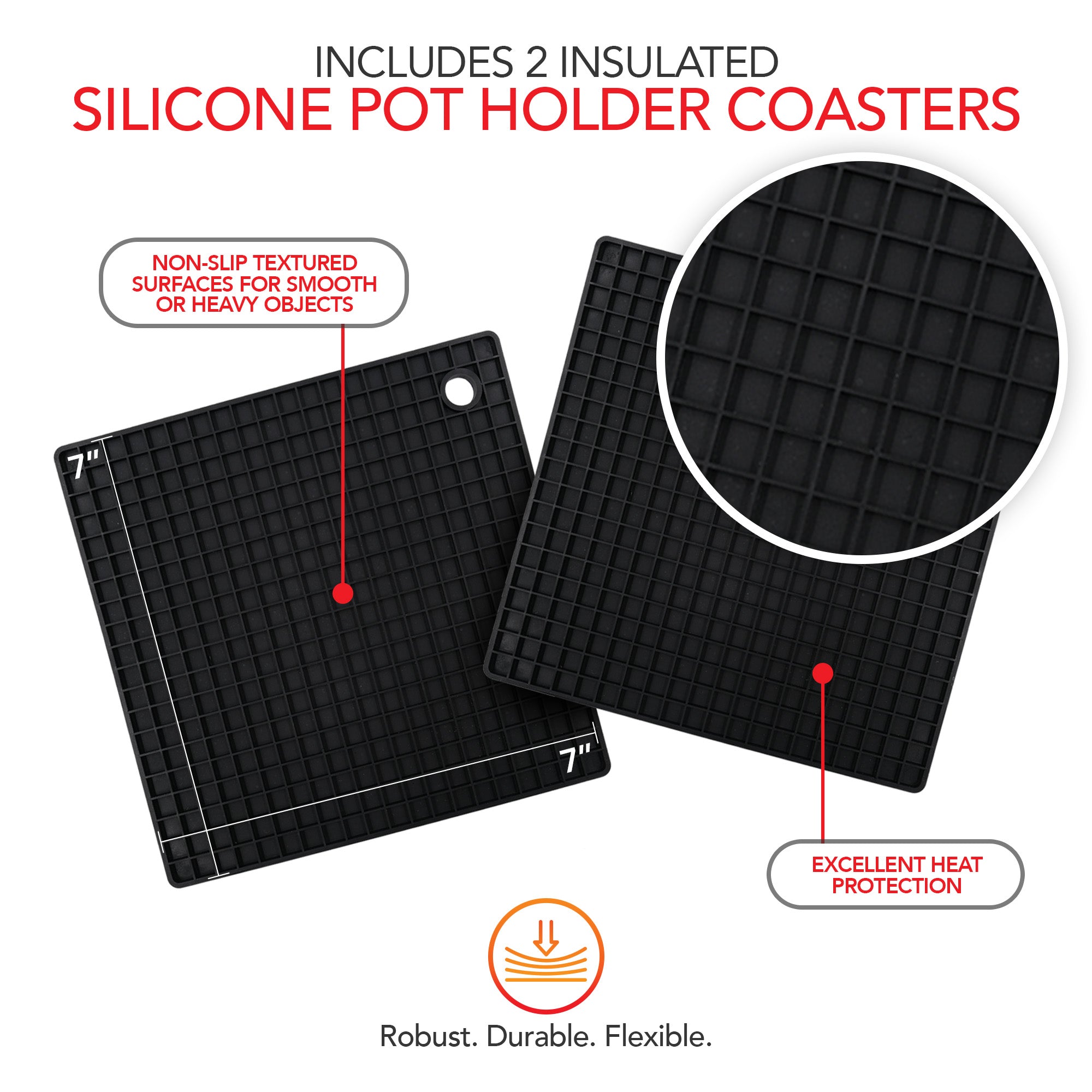 Silicone Oven Mitts and Potholders (4-Piece Set), Kitchen Counter - Advanced Heat Resistant Pot Holders, Non-Slip Textured Grip Oven Mitt - Black