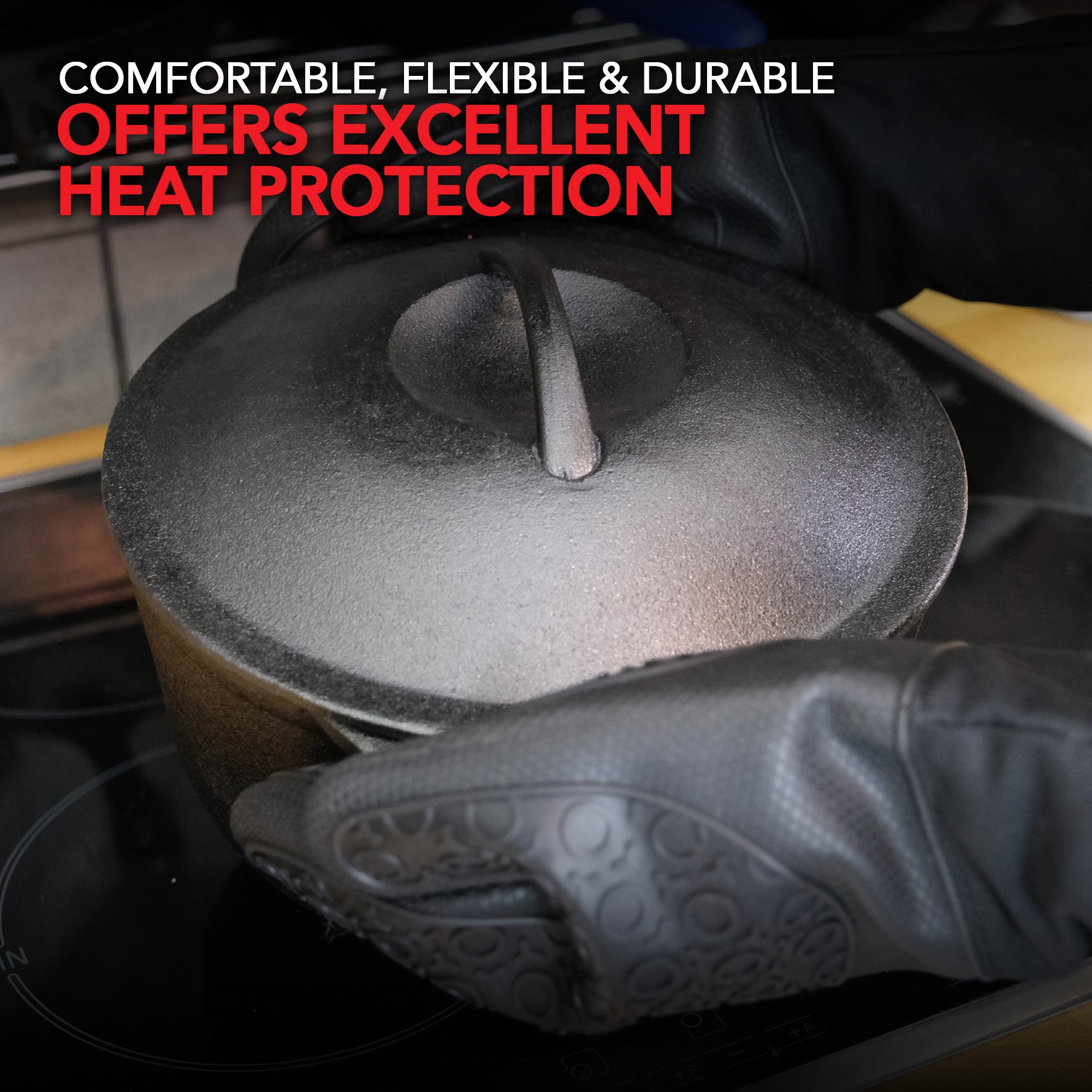 Silicone Oven Mitts and Potholders (4-Piece Set), Kitchen Counter - Advanced Heat Resistant Pot Holders, Non-Slip Textured Grip Oven Mitt - Black