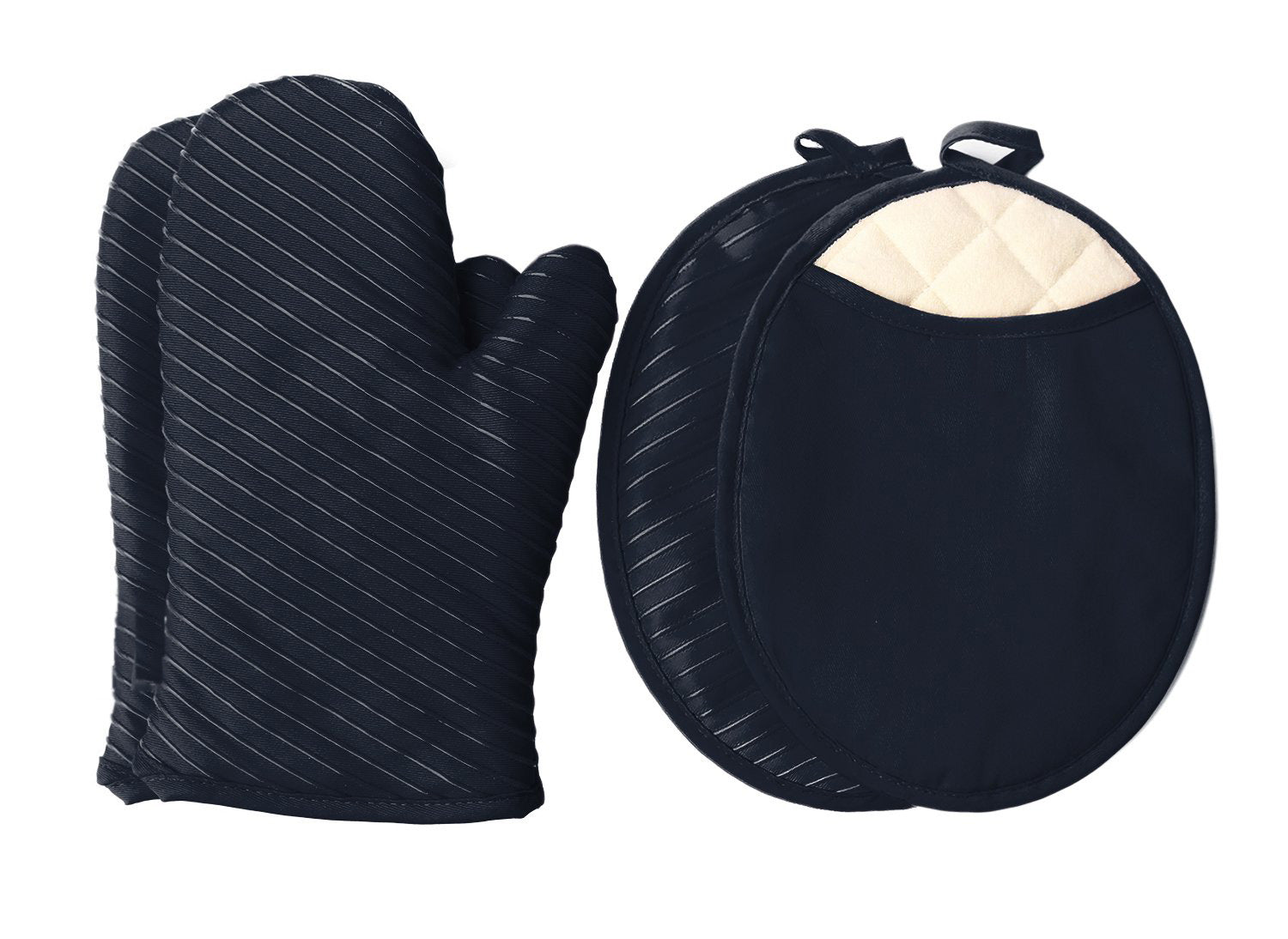 Pot Holders and Oven Mitts Gloves, 2 Potholders & 2 Hot Pads, Kitchen Linens Set - Black