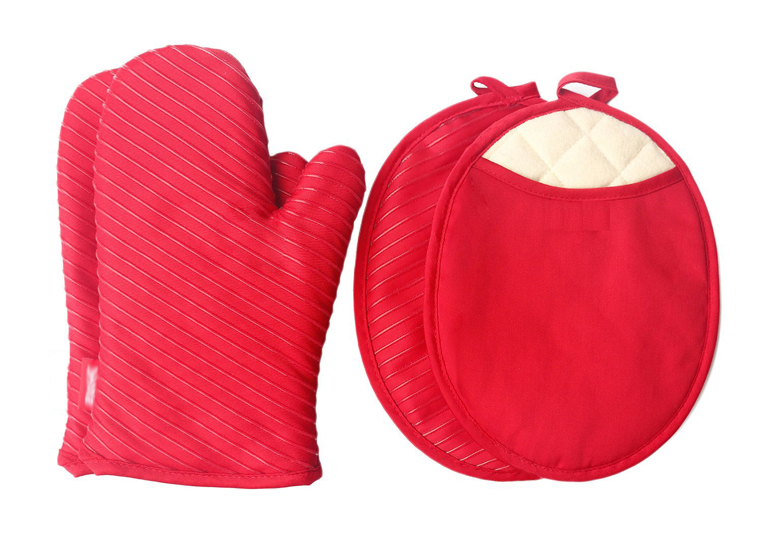 Pot Holders and Oven Mitts Gloves, 2 Potholders & 2 Hot Pads with Pockets, Kitchen Linens Set - Red